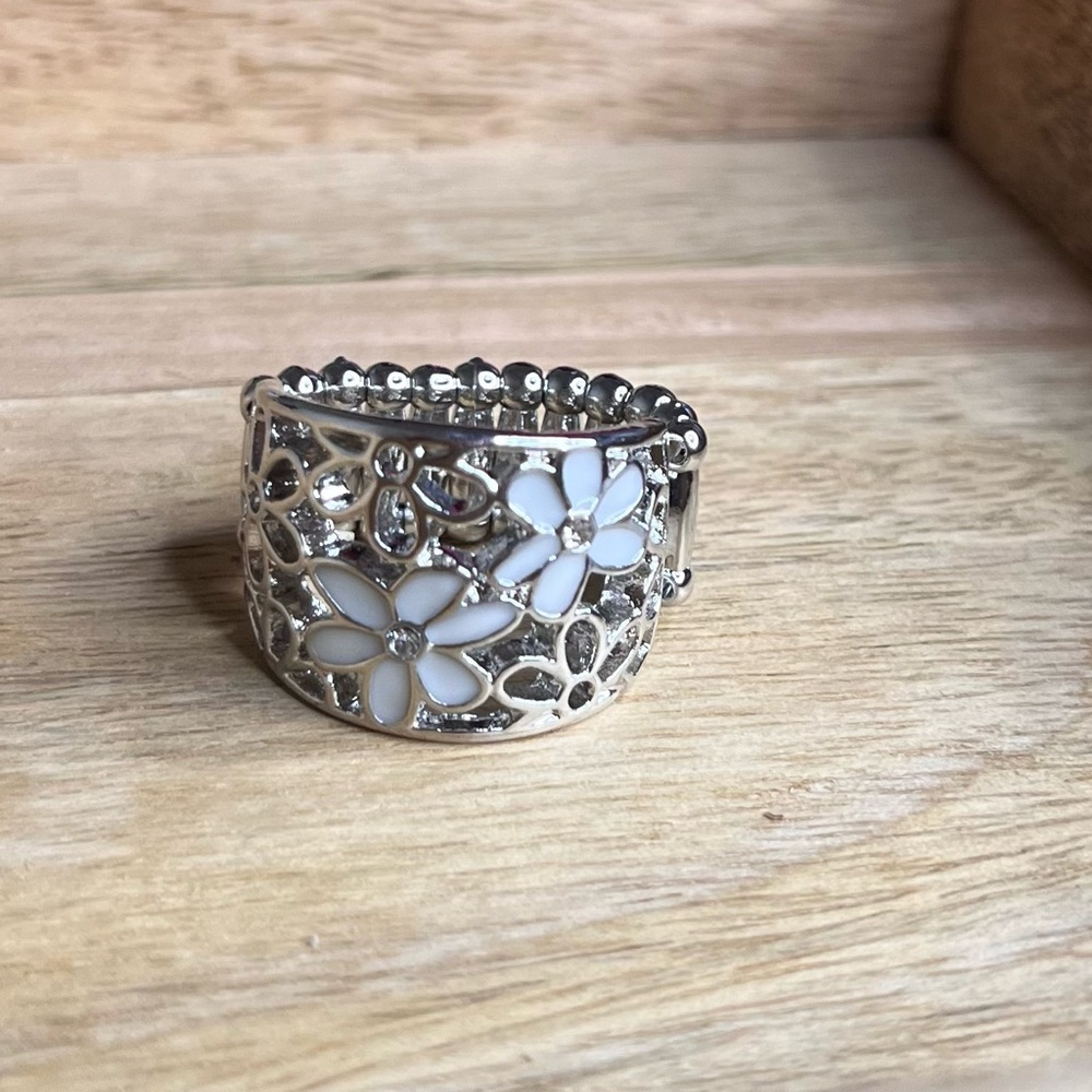 Silver Floral Enamel Band Ring - White Flowers